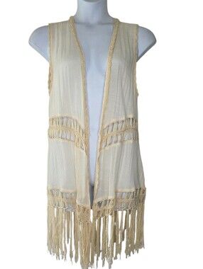 Crochet Fringe Trim Long Vest Lightweight Boho Coastal Festival Duster Size L